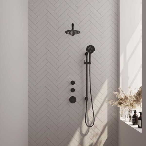 Brauer Brauer Black Carving Regendoucheset: Thermostatische Inbouwkraan met Stopkranen, Rechte Wandarm, Douchekop 20cm, Glijstang met Wateruitlaat, 3-Standen Handdouche & Doucheslang - Set 19 - Geribbeld Draaiknoppen - Mat Zwart