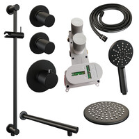 Brauer Brauer Black Carving Regendoucheset: Thermostatische Inbouwkraan met Stopkranen, Rechte Wandarm, Douchekop 20cm, Glijstang met Wateruitlaat, 3-Standen Handdouche & Doucheslang - Set 19 - Geribbeld Draaiknoppen - Mat Zwart