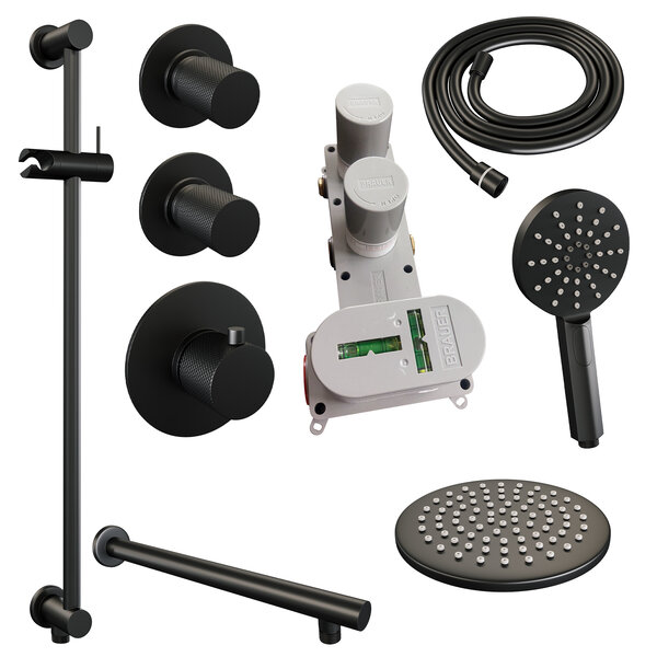 Brauer Brauer Black Carving Regendoucheset: Thermostatische Inbouwkraan met Stopkranen, Rechte Wandarm, Douchekop 20cm, Glijstang met Wateruitlaat, 3-Standen Handdouche & Doucheslang - Set 19 - Geribbeld Draaiknoppen - Mat Zwart