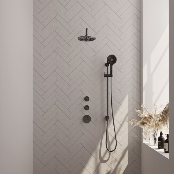 Brauer Brauer Gunmetal Carving Regendoucheset: Thermostatische Inbouwkraan met Stopkranen, Gebogen Wandarm, Douchekop 20cm, Glijstang met Wateruitlaat, 3-Standen Handdouche & Doucheslang - Set 21 - Geribbeld Draaiknoppen - PVD - Geborsteld Gunmetal