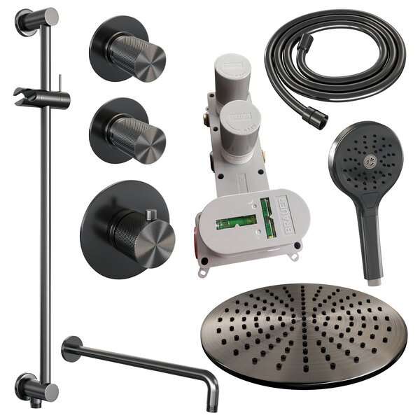 Brauer Brauer Gunmetal Carving Regendoucheset: Thermostatische Inbouwkraan met Stopkranen, Gebogen Wandarm, Douchekop 30cm, Glijstang met Wateruitlaat, 3-Standen Handdouche & Doucheslang - Set 22 - Geribbeld Draaiknoppen - PVD - Geborsteld Gunmetal