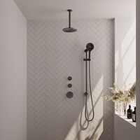 Brauer Brauer Gunmetal Carving Regendoucheset: Thermostatische Inbouwkraan met Stopkranen, Plafondarm, Douchekop 20cm, Glijstang met Wateruitlaat, 3-Standen Handdouche & Doucheslang - Set 23 - Geribbeld Draaiknoppen - PVD - Geborsteld Gunmetal