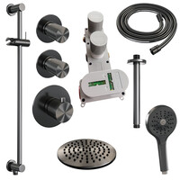 Brauer Brauer Gunmetal Carving Regendoucheset: Thermostatische Inbouwkraan met Stopkranen, Plafondarm, Douchekop 20cm, Glijstang met Wateruitlaat, 3-Standen Handdouche & Doucheslang - Set 23 - Geribbeld Draaiknoppen - PVD - Geborsteld Gunmetal