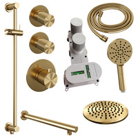Brauer Brauer Gold Carving Regendoucheset: Thermostatische Inbouwkraan met Stopkranen, Rechte Wandarm, Douchekop 20cm, Glijstang met Wateruitlaat, 3-Standen Handdouche & Doucheslang - Set 19 - Geribbeld Draaiknoppen - PVD - Geborsteld Goud