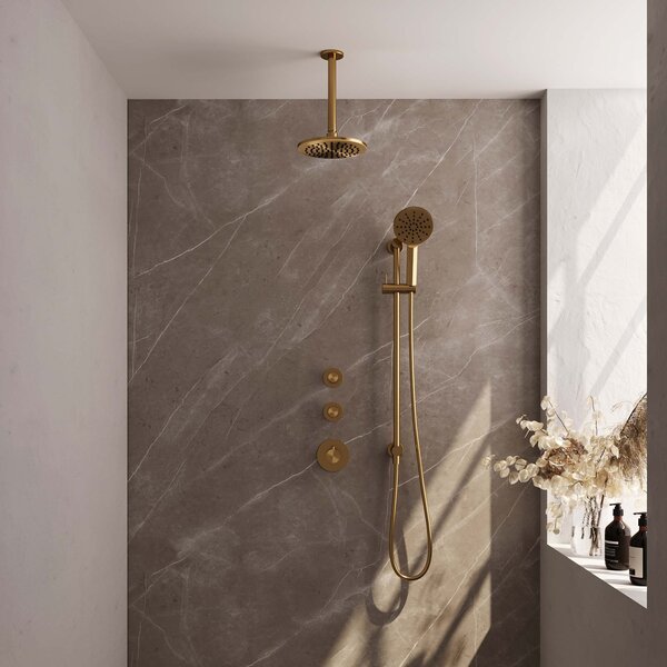 Brauer Brauer Gold Carving Regendoucheset: Thermostatische Inbouwkraan met Stopkranen, Plafondarm, Douchekop 20cm, Glijstang met Wateruitlaat, 3-Standen Handdouche & Doucheslang - Set 23 - Geribbeld Draaiknoppen - PVD - Geborsteld Goud