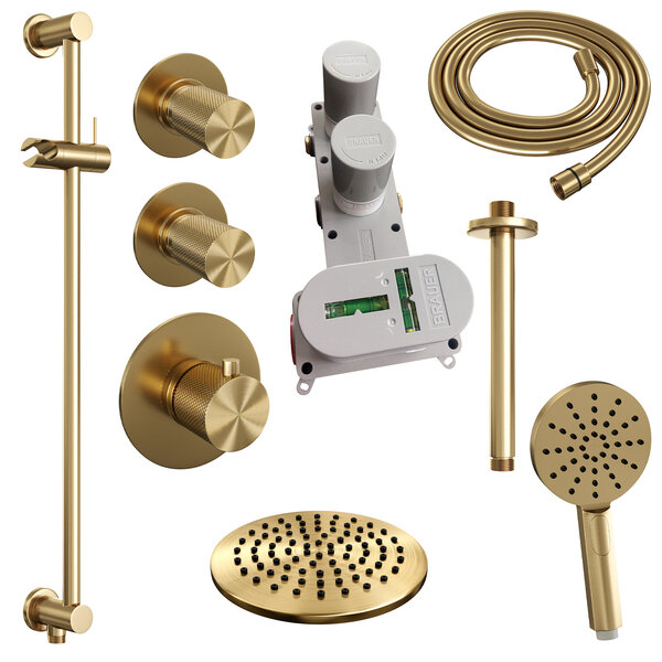 Brauer Brauer Gold Carving Regendoucheset: Thermostatische Inbouwkraan met Stopkranen, Plafondarm, Douchekop 20cm, Glijstang met Wateruitlaat, 3-Standen Handdouche & Doucheslang - Set 23 - Geribbeld Draaiknoppen - PVD - Geborsteld Goud