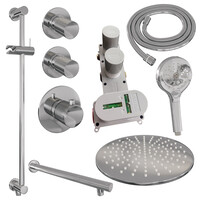 Brauer Brauer Chrome Carving Regendoucheset: Thermostatische Inbouwkraan met Stopkranen, Rechte Wandarm, Douchekop 30cm, Glijstang met Wateruitlaat, 3-Standen Handdouche & Doucheslang - Set 20 - Geribbeld Draaiknoppen - Chroom