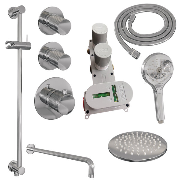Brauer Brauer Chrome Carving Regendoucheset: Thermostatische Inbouwkraan met Stopkranen, Gebogen Wandarm, Douchekop 20cm, Glijstang met Wateruitlaat, 3-Standen Handdouche & Doucheslang - Set 21 - Geribbeld Draaiknoppen - Chroom
