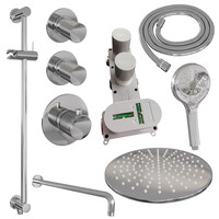 Brauer Brauer Chrome Carving Regendoucheset: Thermostatische Inbouwkraan met Stopkranen, Gebogen Wandarm, Douchekop 30cm, Glijstang met Wateruitlaat, 3-Standen Handdouche & Doucheslang - Set 22 - Geribbeld Draaiknoppen - Chroom