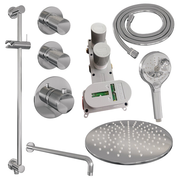 Brauer Brauer Chrome Carving Regendoucheset: Thermostatische Inbouwkraan met Stopkranen, Gebogen Wandarm, Douchekop 30cm, Glijstang met Wateruitlaat, 3-Standen Handdouche & Doucheslang - Set 22 - Geribbeld Draaiknoppen - Chroom