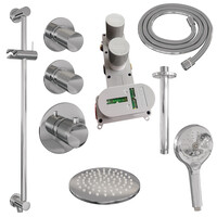 Brauer Brauer Chrome Carving Regendoucheset: Thermostatische Inbouwkraan met Stopkranen, Plafondarm, Douchekop 20cm, Glijstang met Wateruitlaat, 3-Standen Handdouche & Doucheslang - Set 23 - Geribbeld Draaiknoppen - Chroom