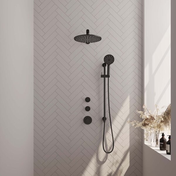 Brauer Brauer Black Carving Regendoucheset: Thermostatische Inbouwkraan met Stopkranen, Rechte Wandarm, Douchekop 30cm, Glijstang met Wateruitlaat, 3-Standen Handdouche & Doucheslang - Set 20 - Geribbeld Draaiknoppen - Mat Zwart
