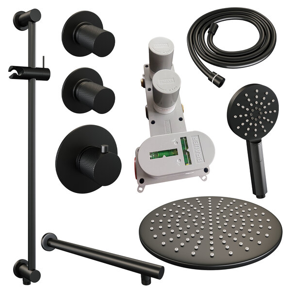 Brauer Brauer Black Carving Regendoucheset: Thermostatische Inbouwkraan met Stopkranen, Rechte Wandarm, Douchekop 30cm, Glijstang met Wateruitlaat, 3-Standen Handdouche & Doucheslang - Set 20 - Geribbeld Draaiknoppen - Mat Zwart