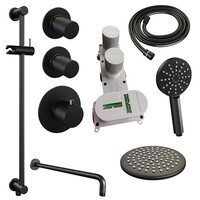 Brauer Brauer Black Carving Regendoucheset: Thermostatische Inbouwkraan met Stopkranen, Gebogen Wandarm, Douchekop 20cm, Glijstang met Wateruitlaat, 3-Standen Handdouche & Doucheslang - Set 21 - Geribbeld Draaiknoppen - Mat Zwart