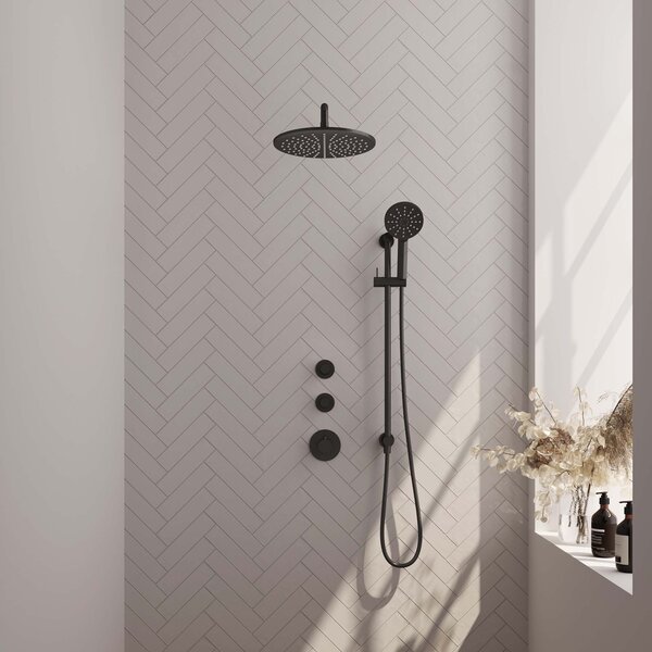 Brauer Brauer Black Carving Regendoucheset: Thermostatische Inbouwkraan met Stopkranen, Gebogen Wandarm, Douchekop 30cm, Glijstang met Wateruitlaat, 3-Standen Handdouche & Doucheslang - Set 22 - Geribbeld Draaiknoppen - Mat Zwart