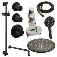 Brauer Brauer Black Carving Regendoucheset: Thermostatische Inbouwkraan met Stopkranen, Gebogen Wandarm, Douchekop 30cm, Glijstang met Wateruitlaat, 3-Standen Handdouche & Doucheslang - Set 22 - Geribbeld Draaiknoppen - Mat Zwart