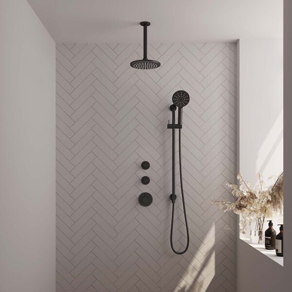 Brauer Brauer Black Carving Regendoucheset: Thermostatische Inbouwkraan met Stopkranen, Plafondarm, Douchekop 20cm, Glijstang met Wateruitlaat, 3-Standen Handdouche & Doucheslang - Set 23 - Geribbeld Draaiknoppen - Mat Zwart