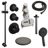 Brauer Brauer Black Carving Regendoucheset: Thermostatische Inbouwkraan met Stopkranen, Plafondarm, Douchekop 20cm, Glijstang met Wateruitlaat, 3-Standen Handdouche & Doucheslang - Set 23 - Geribbeld Draaiknoppen - Mat Zwart