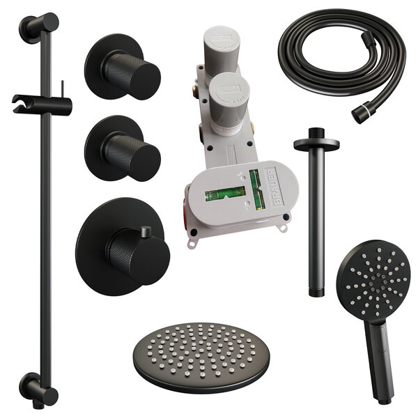 Brauer Brauer Black Carving Regendoucheset: Thermostatische Inbouwkraan met Stopkranen, Plafondarm, Douchekop 20cm, Glijstang met Wateruitlaat, 3-Standen Handdouche & Doucheslang - Set 23 - Geribbeld Draaiknoppen - Mat Zwart