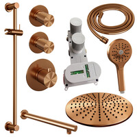 Brauer Brauer Copper Carving Regendoucheset: Thermostatische Inbouwkraan met Stopkranen, Rechte Wandarm, Douchekop 30cm, Glijstang met Wateruitlaat, 3-Standen Handdouche & Doucheslang - Set 20 - Geribbeld Draaiknoppen - PVD - Geborsteld Koper