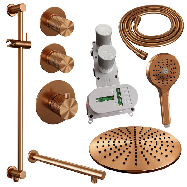 Brauer Brauer Copper Carving Regendoucheset: Thermostatische Inbouwkraan met Stopkranen, Rechte Wandarm, Douchekop 30cm, Glijstang met Wateruitlaat, 3-Standen Handdouche & Doucheslang - Set 20 - Geribbeld Draaiknoppen - PVD - Geborsteld Koper
