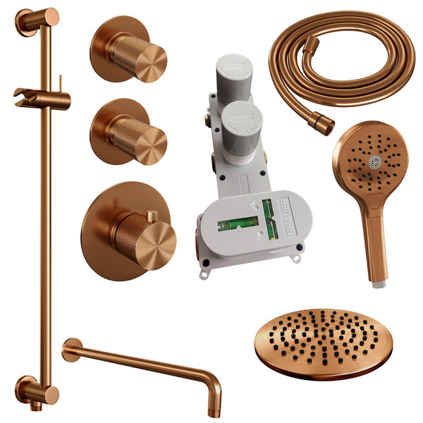 Brauer Brauer Copper Carving Regendoucheset: Thermostatische Inbouwkraan met Stopkranen, Gebogen Wandarm, Douchekop Ø20cm, Glijstang met Wateruitlaat, 3-Standen Handdouche & Doucheslang - Set 21 - Geribbeld Draaiknoppen - PVD - Geborsteld Koper