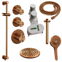Brauer Brauer Copper Carving Regendoucheset: Thermostatische Inbouwkraan met Stopkranen, Plafondarm, Douchekop 20cm, Glijstang met Wateruitlaat, 3-Standen Handdouche & Doucheslang - Set 23 - Geribbeld Draaiknoppen - PVD - Geborsteld Koper