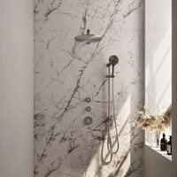 Brauer Brauer Brushed Carving Regendoucheset: Thermostatische Inbouwkraan met Stopkranen, Rechte Wandarm, Douchekop 30cm, Glijstang met Wateruitlaat, 3-Standen Handdouche & Doucheslang - Set 20 - Geribbeld Draaiknoppen - PVD - Geborsteld RVS