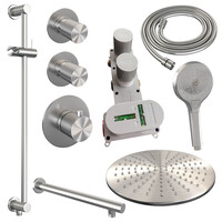 Brauer Brauer Brushed Carving Regendoucheset: Thermostatische Inbouwkraan met Stopkranen, Rechte Wandarm, Douchekop 30cm, Glijstang met Wateruitlaat, 3-Standen Handdouche & Doucheslang - Set 20 - Geribbeld Draaiknoppen - PVD - Geborsteld RVS