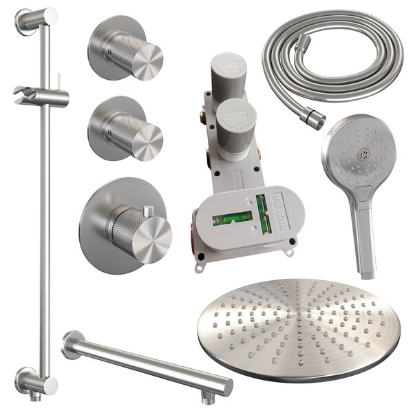Brauer Brauer Brushed Carving Regendoucheset: Thermostatische Inbouwkraan met Stopkranen, Rechte Wandarm, Douchekop 30cm, Glijstang met Wateruitlaat, 3-Standen Handdouche & Doucheslang - Set 20 - Geribbeld Draaiknoppen - PVD - Geborsteld RVS