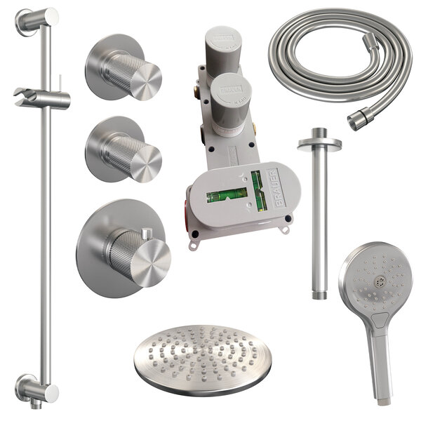 Brauer Brauer Brushed Carving Regendoucheset: Thermostatische Inbouwkraan met Stopkranen, Plafondarm, Douchekop 20cm, Glijstang met Wateruitlaat, 3-Standen Handdouche & Doucheslang - Set 23 - Geribbeld Draaiknoppen - PVD - Geborsteld RVS