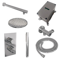 Brauer Brauer Chrome Carving Regendoucheset: Thermostatische Inbouwkraan met 3-Weg Omstel, Rechte Wandarm, Douchekop 20cm, Wandhouder met Wateruitlaat, Staafhanddouche & Doucheslang - Set 25 - Geribbeld Draaiknoppen - Chroom