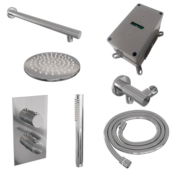 Brauer Brauer Chrome Carving Regendoucheset: Thermostatische Inbouwkraan met 3-Weg Omstel, Rechte Wandarm, Douchekop 20cm, Wandhouder met Wateruitlaat, Staafhanddouche & Doucheslang - Set 25 - Geribbeld Draaiknoppen - Chroom