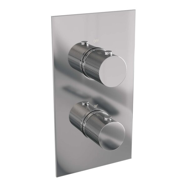 Brauer Brauer Chrome Carving Regendoucheset: Thermostatische Inbouwkraan met 3-Weg Omstel, Rechte Wandarm, Douchekop Ø30cm, Wandhouder met Wateruitlaat, Staafhanddouche & Doucheslang - Set 26 - Geribbeld Draaiknoppen - Chroom