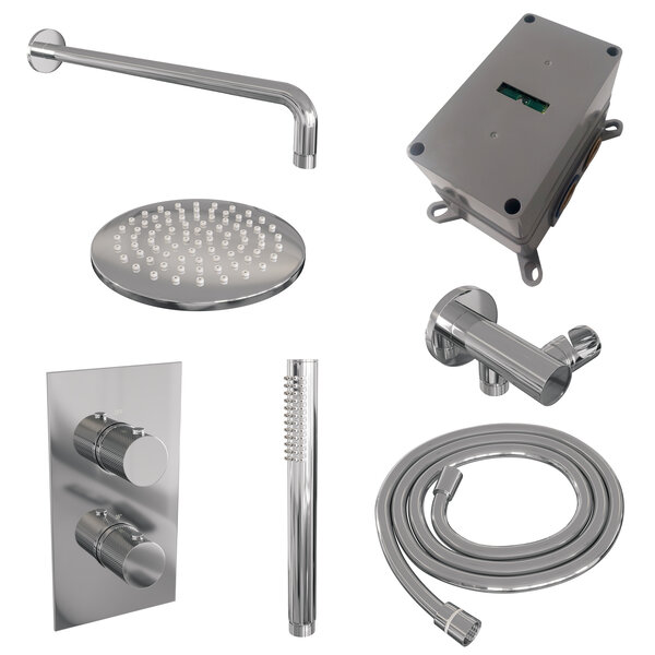 Brauer Brauer Chrome Carving Regendoucheset: Thermostatische Inbouwkraan met 3-Weg Omstel, Gebogen Wandarm, Douchekop 20cm, Wandhouder met Wateruitlaat, Staafhanddouche & Doucheslang - Set 27 - Geribbeld Draaiknoppen - Chroom