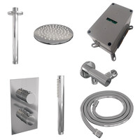 Brauer Brauer Chrome Carving Regendoucheset: Thermostatische Inbouwkraan met 3-Weg Omstel, Plafondarm, Douchekop 20cm, Wandhouder met Wateruitlaat, Staafhanddouche & Doucheslang - Set 29 - Geribbeld Draaiknoppen - Chroom
