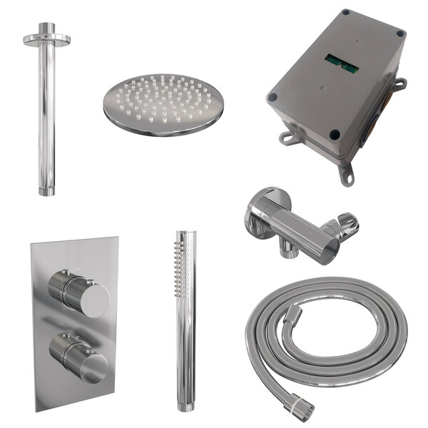 Brauer Brauer Chrome Carving Regendoucheset: Thermostatische Inbouwkraan met 3-Weg Omstel, Plafondarm, Douchekop 20cm, Wandhouder met Wateruitlaat, Staafhanddouche & Doucheslang - Set 29 - Geribbeld Draaiknoppen - Chroom