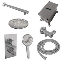Brauer Brauer Chrome Carving Regendoucheset: Thermostatische Inbouwkraan met 3-Weg Omstel, Rechte Wandarm, Douchekop 20cm, Wandhouder met Wateruitlaat, 3-Standen Handdouche & Doucheslang - Set 31 - Geribbeld Draaiknoppen - Chroom