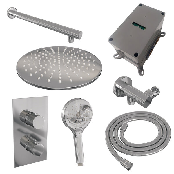 Brauer Brauer Chrome Carving Regendoucheset: Thermostatische Inbouwkraan met 3-Weg Omstel, Rechte Wandarm, Douchekop 30cm, Wandhouder met Wateruitlaat, 3-Standen Handdouche & Doucheslang - Set 32 - Geribbeld Draaiknoppen - Chroom