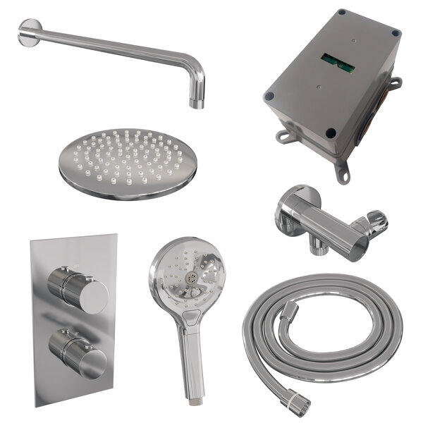 Brauer Brauer Chrome Carving Regendoucheset: Thermostatische Inbouwkraan met 3-Weg Omstel, Gebogen Wandarm, Douchekop Ø20cm, Wandhouder met Wateruitlaat, 3-Standen Handdouche & Doucheslang - Set 33 - Geribbeld Draaiknoppen - Chroom