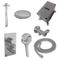 Brauer Brauer Chrome Carving Regendoucheset: Thermostatische Inbouwkraan met 3-Weg Omstel, Plafondarm, Douchekop 20cm, Wandhouder met Wateruitlaat, 3-Standen Handdouche & Doucheslang - Set 35 - Geribbeld Draaiknoppen - Chroom