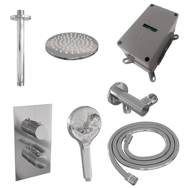 Brauer Brauer Chrome Carving Regendoucheset: Thermostatische Inbouwkraan met 3-Weg Omstel, Plafondarm, Douchekop Ø20cm, Wandhouder met Wateruitlaat, 3-Standen Handdouche & Doucheslang - Set 35 - Geribbeld Draaiknoppen - Chroom