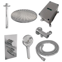 Brauer Brauer Chrome Carving Regendoucheset: Thermostatische Inbouwkraan met 3-Weg Omstel, Plafondarm, Douchekop 30cm, Wandhouder met Wateruitlaat, 3-Standen Handdouche & Doucheslang - Set 36 - Geribbeld Draaiknoppen - Chroom