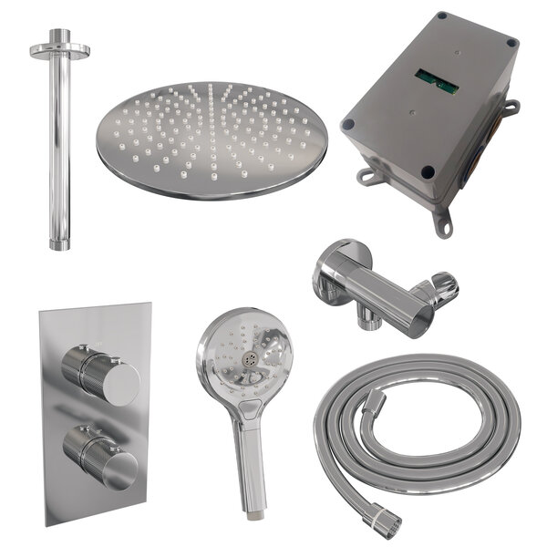 Brauer Brauer Chrome Carving Regendoucheset: Thermostatische Inbouwkraan met 3-Weg Omstel, Plafondarm, Douchekop 30cm, Wandhouder met Wateruitlaat, 3-Standen Handdouche & Doucheslang - Set 36 - Geribbeld Draaiknoppen - Chroom