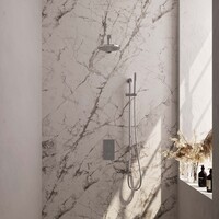 Brauer Brauer Chrome Carving Regendoucheset: Thermostatische Inbouwkraan met 3-Weg Omstel, Rechte Wandarm, Douchekop 20cm, Glijstang met Wateruitlaat, Staafhanddouche & Doucheslang - Set 37 - Geribbeld Draaiknoppen - Chroom