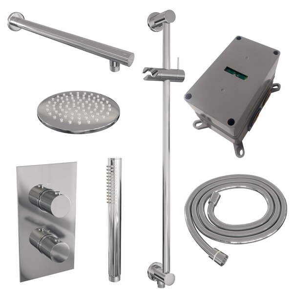 Brauer Brauer Chrome Carving Regendoucheset: Thermostatische Inbouwkraan met 3-Weg Omstel, Rechte Wandarm, Douchekop 20cm, Glijstang met Wateruitlaat, Staafhanddouche & Doucheslang - Set 37 - Geribbeld Draaiknoppen - Chroom