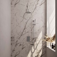 Brauer Brauer Chrome Carving Regendoucheset: Thermostatische Inbouwkraan met 3-Weg Omstel, Gebogen Wandarm, Douchekop 20cm, Glijstang met Wateruitlaat, Staafhanddouche & Doucheslang - Set 39 - Geribbeld Draaiknoppen - Chroom