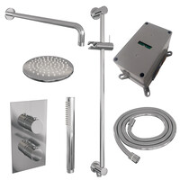 Brauer Brauer Chrome Carving Regendoucheset: Thermostatische Inbouwkraan met 3-Weg Omstel, Gebogen Wandarm, Douchekop 20cm, Glijstang met Wateruitlaat, Staafhanddouche & Doucheslang - Set 39 - Geribbeld Draaiknoppen - Chroom