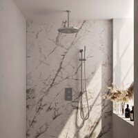 Brauer Brauer Chrome Carving Regendoucheset: Thermostatische Inbouwkraan met 3-Weg Omstel, Plafondarm, Douchekop 30cm, Glijstang met Wateruitlaat, Staafhanddouche & Doucheslang - Set 42 - Geribbeld Draaiknoppen - Chroom