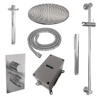 Brauer Brauer Chrome Carving Regendoucheset: Thermostatische Inbouwkraan met 3-Weg Omstel, Plafondarm, Douchekop 30cm, Glijstang met Wateruitlaat, Staafhanddouche & Doucheslang - Set 42 - Geribbeld Draaiknoppen - Chroom